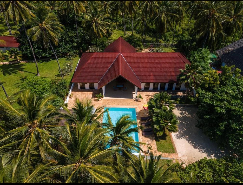 Drone view of villa amid coconut palms and turquoise reef